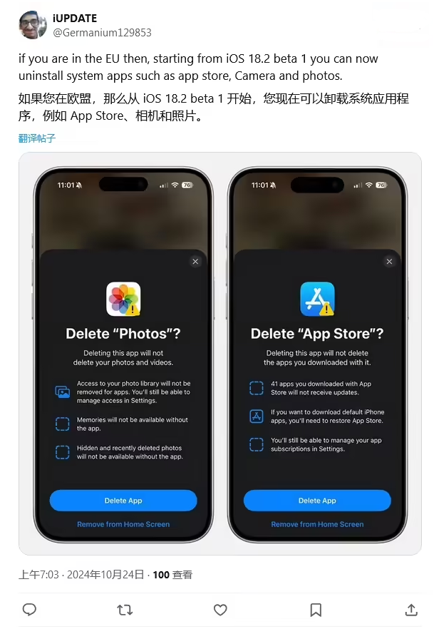 边坝苹果手机维修分享iOS 18.2 支持删除 App Store 应用商店 