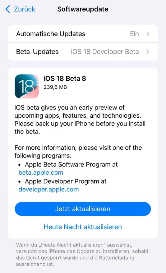 边坝苹果手机维修分享苹果 iOS / iPadOS 18 开发者预览版 Beta 8 发布 